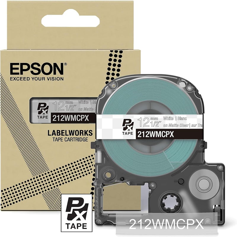 LABELWORKS Epson 212WMCPX Genuine PET (Polyester) Tape Cartridge - White on Matte Clear Designer Craft Label Maker Tape - 1/2" (12MM) Wide, 26' - Image 1